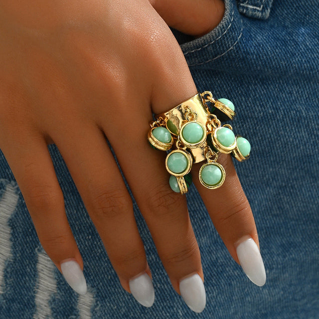 Bohemian Style Geometric Open Ring for Women Made of Copper with Gemstone Inlay