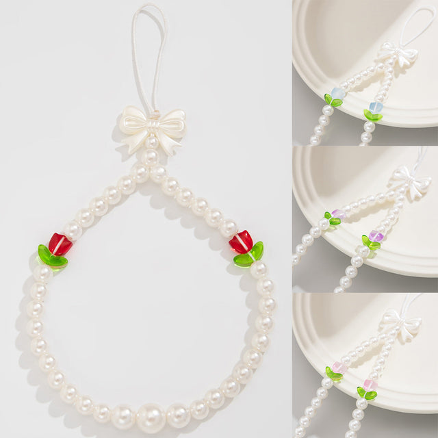 Cute Bow-Knot Tulip Flower Phone Strap with Imitation Pearls for Women, Handwoven Accessory in Sweet Floral Style