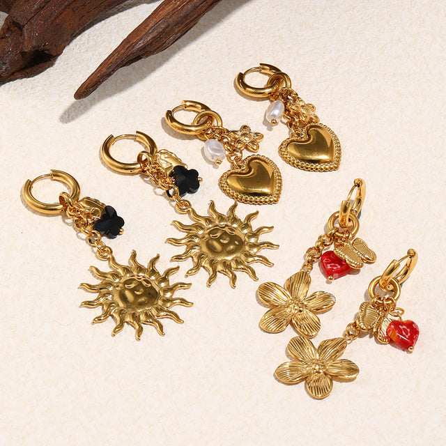 Butterfly and Floral Edge Stud Earrings in Stainless Steel with 18K Gold Plating for Women