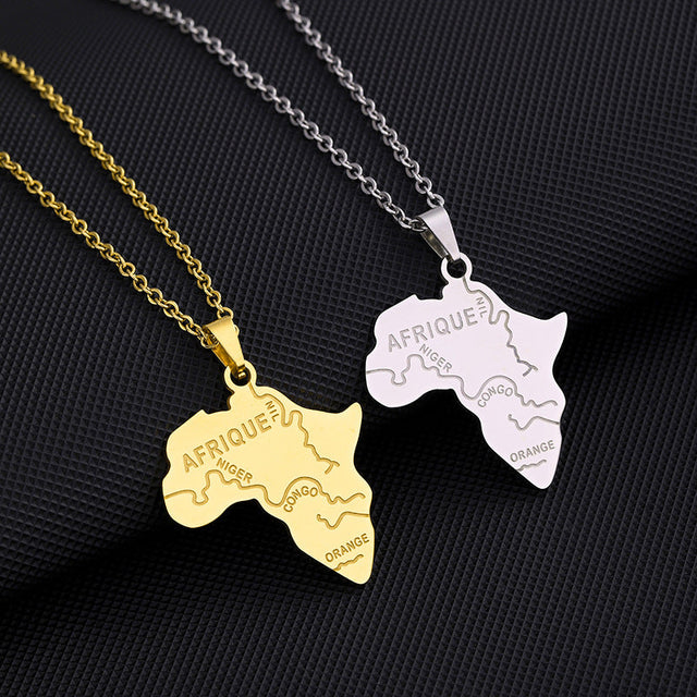 Ethnic Geometric African Map Pendant Necklace in Titanium Steel with Plated Finish for Unisex Wear