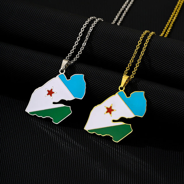Ethnic Geometric Djibouti Flag Pendant Necklace in Stainless Steel with Titanium Steel Charm and Electroplated Finish on O-Chain