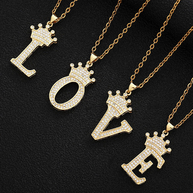 26pcs Fashion Letter Crown Pendant Necklace Stainless Steel Chain Rhinestone Letter Pendant Jewelry for Women Gift