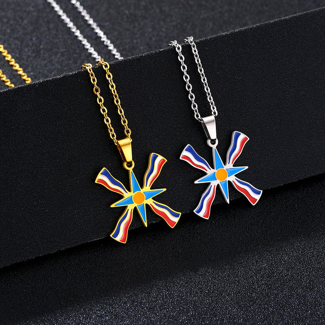Ethnic Geometric Assyrian Flag Pendant Necklace in Stainless Steel with Enamel Finish for Unisex Everyday Wear