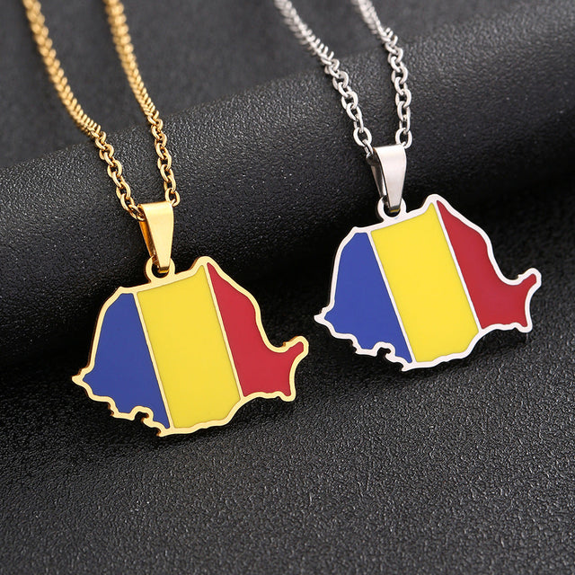 Ethnic Geometric Romanian Map Pendant Necklace in Stainless Steel with Titanium Steel Inlay and Enamel Finish on O-Chain