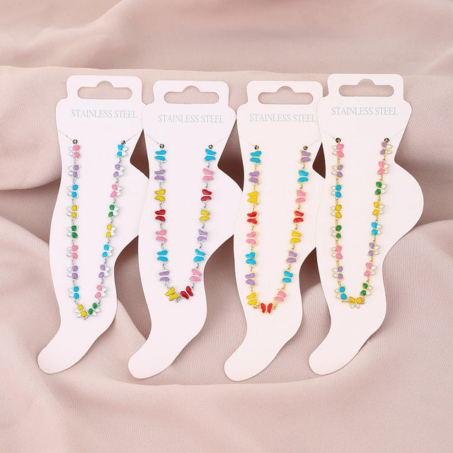 Elegant Butterfly-Shaped Titanium Steel Anklet for Women with Enamel Finish, Geometric Design Fashion Accessory