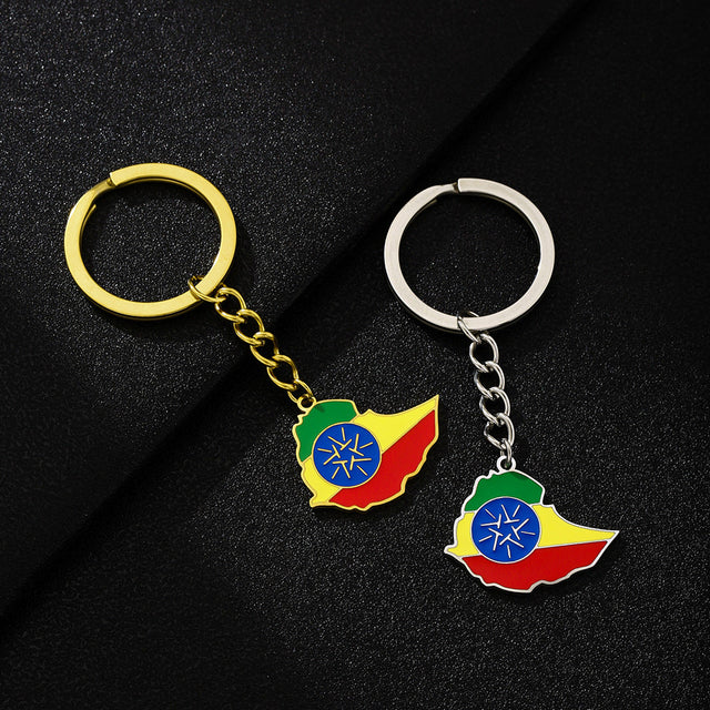 Ethiopia Map Flag Keychain in Titanium Steel with Ethnic Design Unisex Accessory