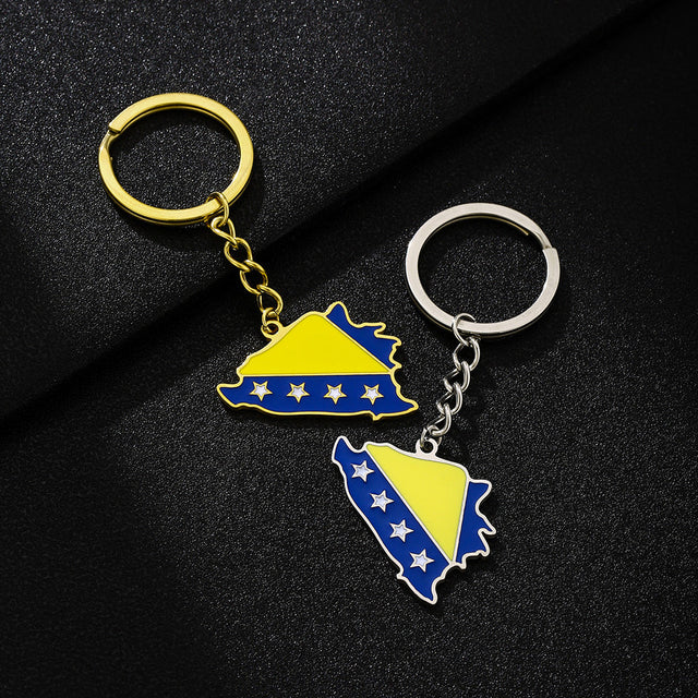Enamel Stainless Steel Bosnia and Herzegovina Flag Keychain with Geometric Map Shape