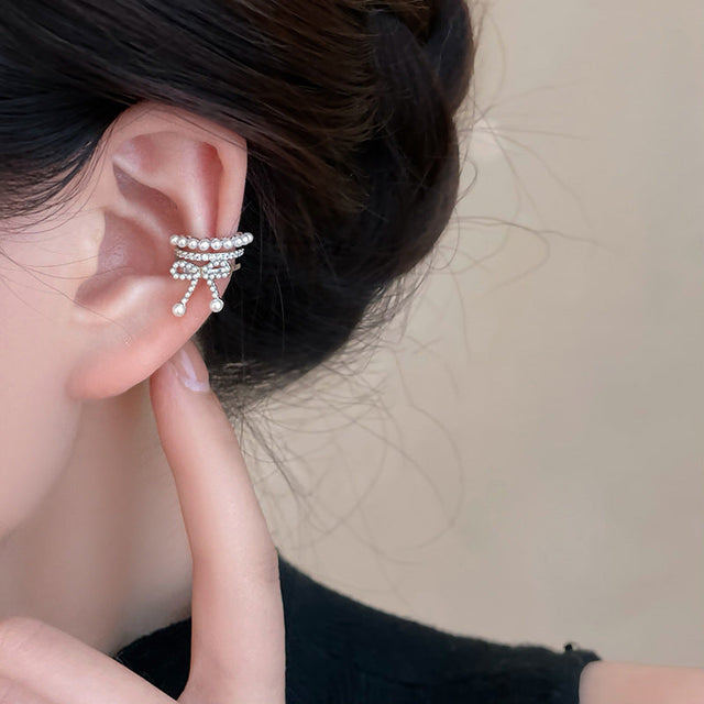 Elegant Bow-Shaped Faux Pearl Ear Cuffs with Zircon Inlay for Women Luxury Style Fashionable Ear Jewelry