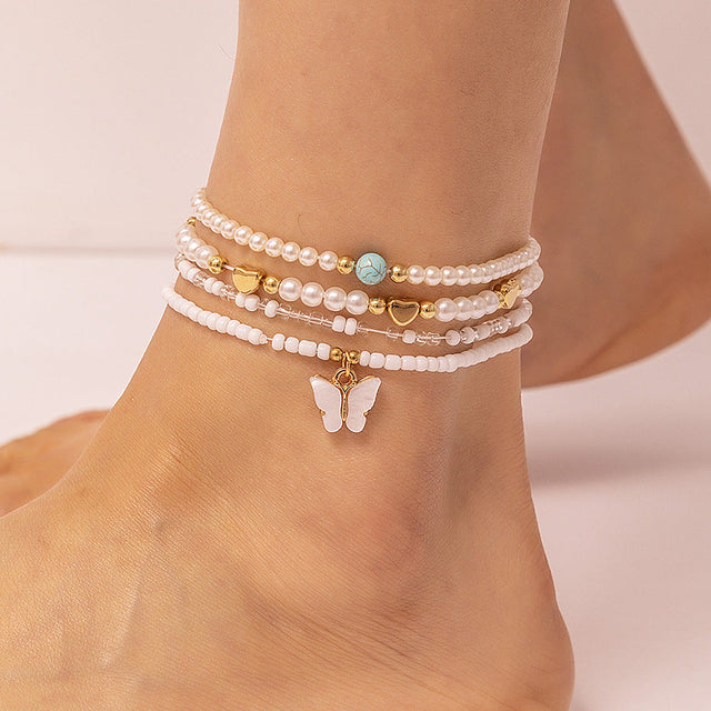 Minimalist Butterfly-Shaped Pearl Anklet for Girls with Handwoven Design and Star Accent