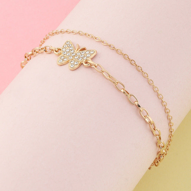 Butterfly-Shaped Geometric Double-Layer Anklet for Kids Made of Alloy with Rhinestone Inlay