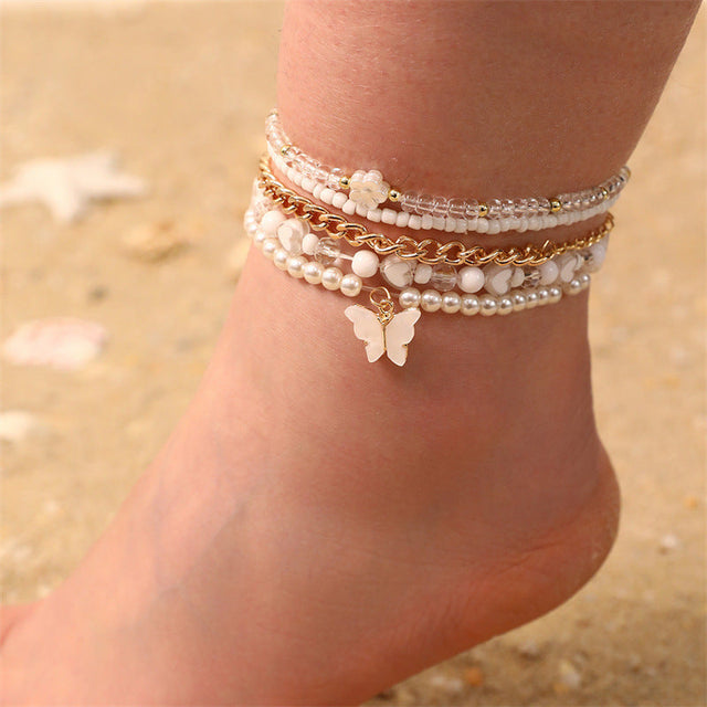 Minimalist Butterfly and Star Anklet with Glass Beads Handmade Small-Batch Anklet for Children