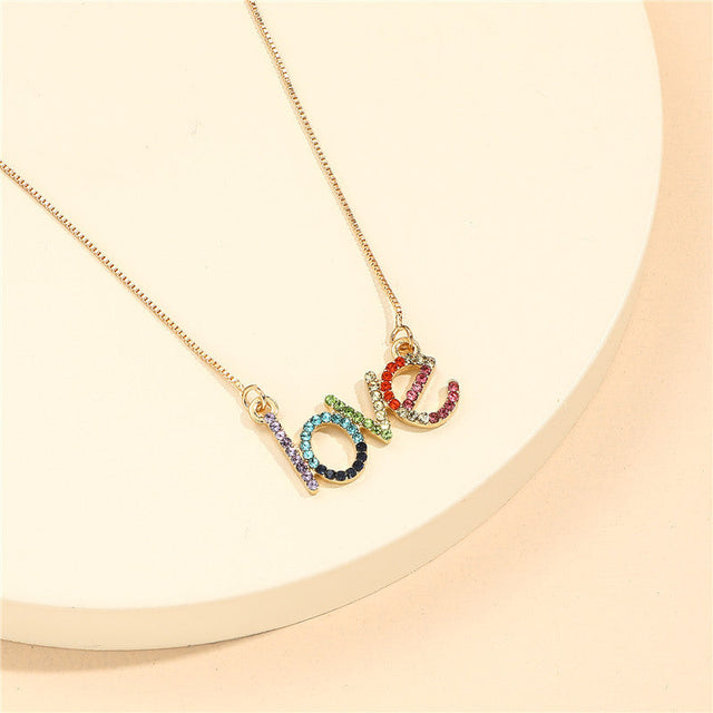 Cartoon Style Letter Shape Alloy Necklace with Rhinestone Inlay for Kids, Rainbow Colored Love Pendant on O-Chain