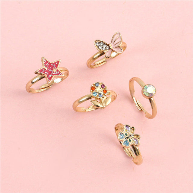 Cartoon Butterfly Floral Alloy Ring Set for Kids with Enamel Finish and Rhinestone Inlay