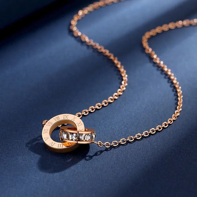 Minimalist 18K Gold Plated Titanium Steel Double Ring Roman Numeral Geometric Pendant Necklace