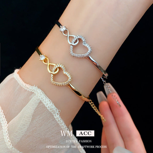 Minimalist Elegant Heart Geometric Cubic Zirconia Plated Brass Bracelet for Women