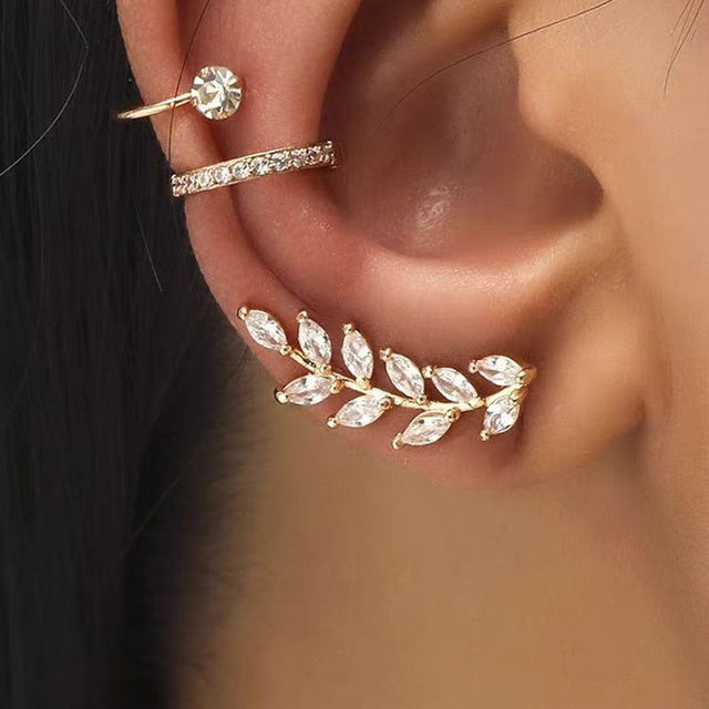 Minimalist Geometric Wheat Leaf Stud Earrings Brass with Cubic Zirconia Plated Stainless Steel Post for Women