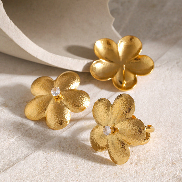 Brushed Plated Stainless Steel Floral Rhinestone Stud Earrings