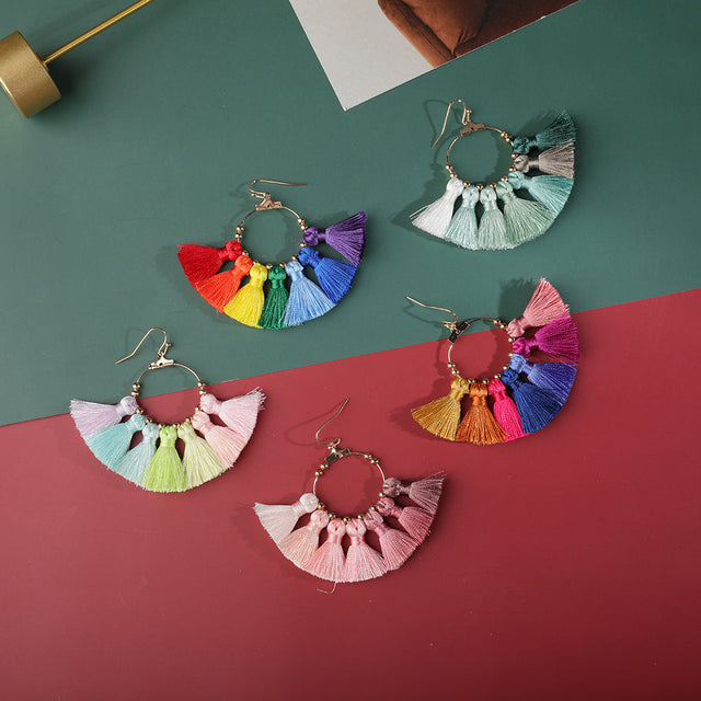 Bohemian Ethnic Geometric Alloy Handmade Woven Tassel Fan Earrings Unisex