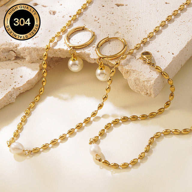 Elegant 18K Gold Plated Stainless Steel Geometric Pearl Jewelry Set for Women