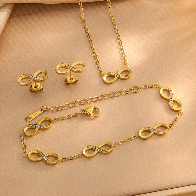 Casual Stainless Steel Infinity Symbol Jewelry Set for Women with Plated Cable Chain Necklace, Bracelet and Earrings