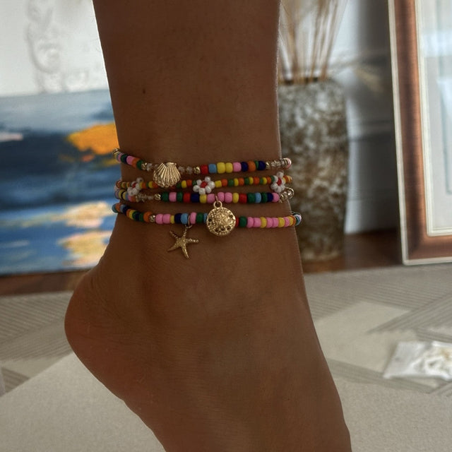 Bohemian Resin Starfish and Shell Beaded Anklet Set
