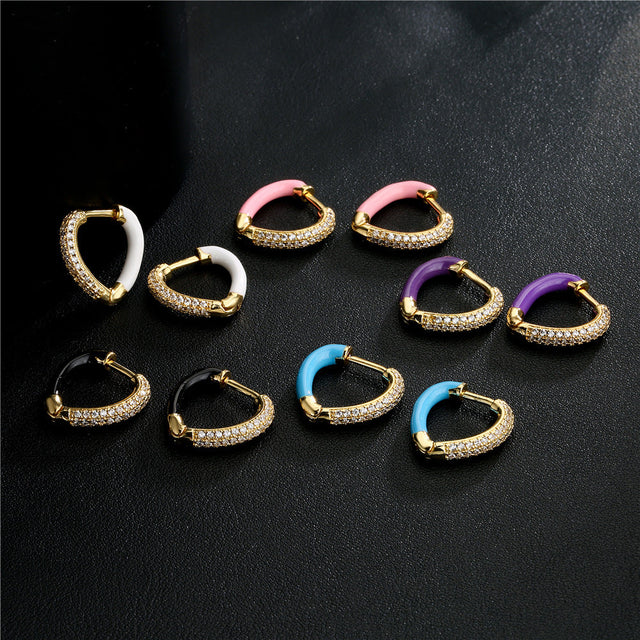Colorful Drip Oil Gold Plated Brass Cubic Zirconia Heart Earrings for Women