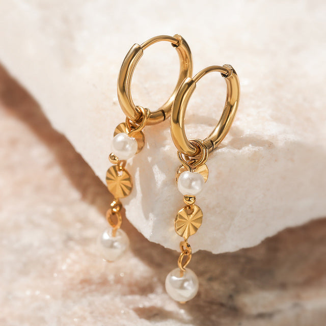 Elegant Minimalist 18K Gold Plated Geometric Stainless Steel Pearl Tassel Earrings for Women