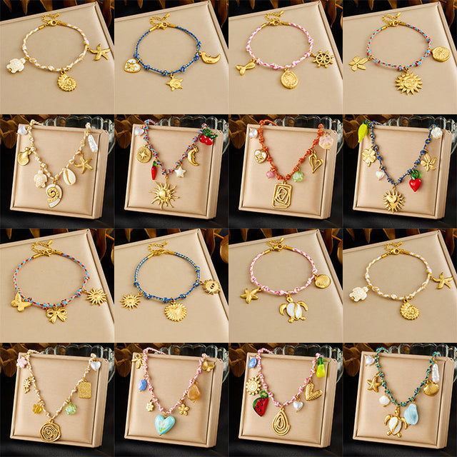 Bohemian Vintage Gold Plated Stainless Steel Rope Chain Necklace and Bracelet Set with Animal Pendant