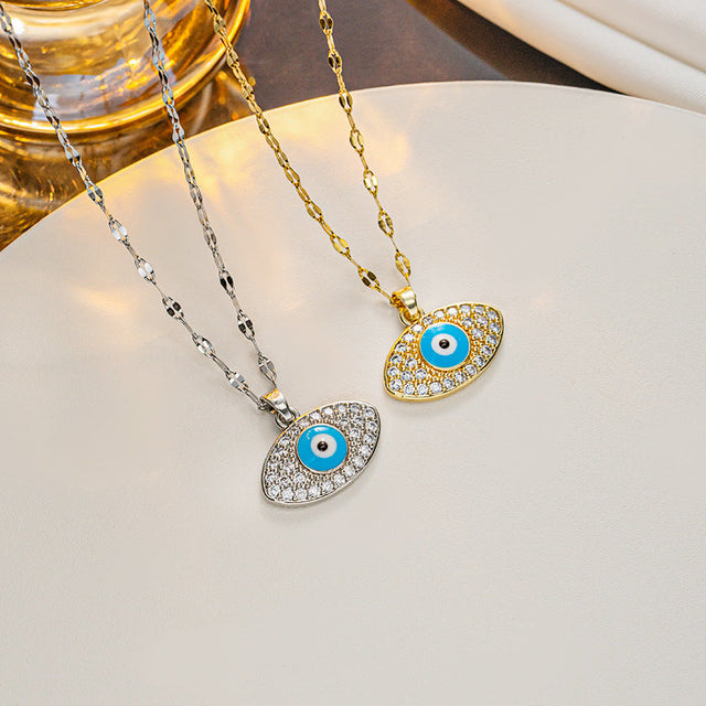 INS Style Evil Eye Pendant Necklace in Titanium Steel with Enamel Finish on Wavy Chain for Women