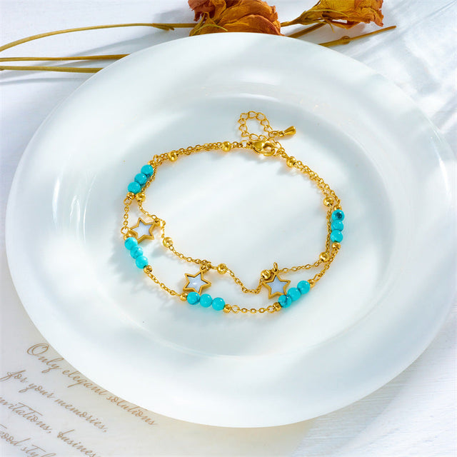 Fashion Retro Minimalist Stainless Steel Irregular Layered Anklet with Star Pendant and Beaded Chain