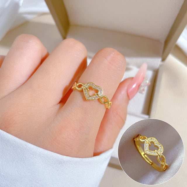 Adjustable Heart Ring with Full Rhinestone Inlay, Plated Brass, Kawaii Fresh and Sweet Style Women's Band Ring
