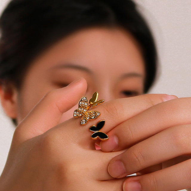 Adjustable Butterfly-Shaped Stainless Steel Ring with Rhinestone Inlay and Enamel Finish for Women
