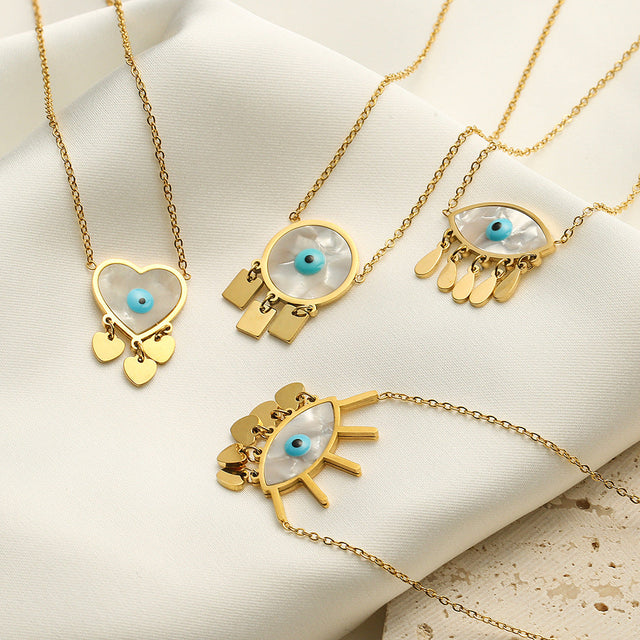 Minimalist Geometric Titanium Steel Evil Eye Pendant Necklace with Tassel for Women