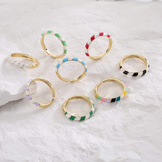 Bohemian Style Geometric Open Ring for Women Made of Copper with Gold Plating and Enamel Finish