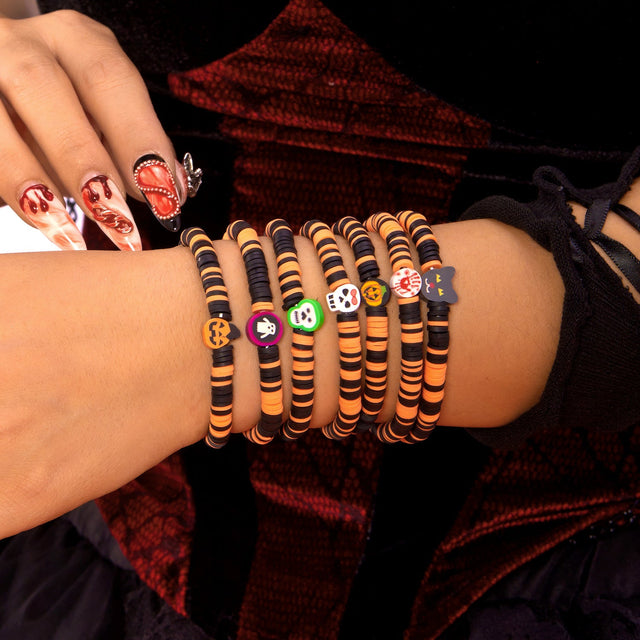 Bohemian Style Halloween Polymer Clay Beaded Stretch Bracelet Set with Pumpkin and Skull Motifs