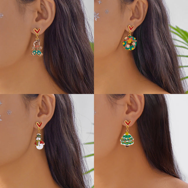 Christmas-Themed Heart-Shaped Alloy Hoop Earrings with Santa Claus and Snowman Motifs Electroplated for Unisex Wear