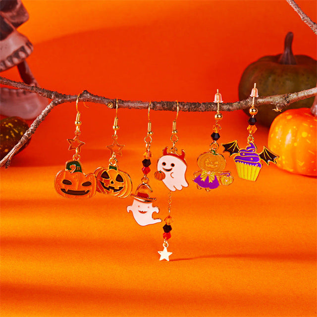 Cute Cartoon Bat Ghost Pumpkin Cat Skull Spider Witch Earrings for Women with Alloy Base and Plated Finish