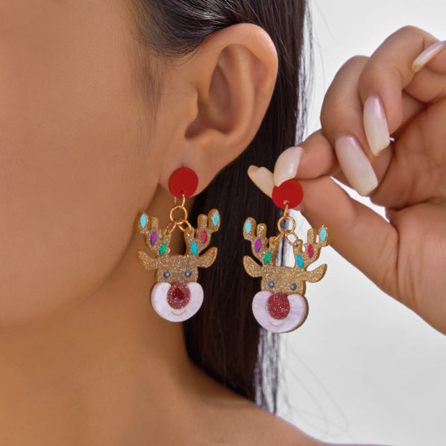 Christmas-Themed Acrylic Earrings for Women Featuring Reindeer and Candy Cane Designs with Stainless Steel Posts