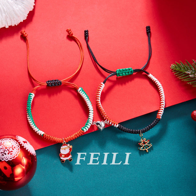 Adjustable Magnetic Clasp Bracelet with Santa Claus and Christmas Tree Charms, Handwoven Alloy Bracelet for Couples, Festive Holiday Jewelry