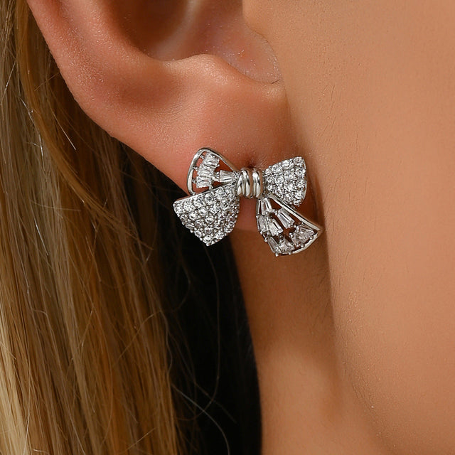Baroque Bow-Shaped Zircon-Set Earrings for Women in Copper with Stainless Steel Posts
