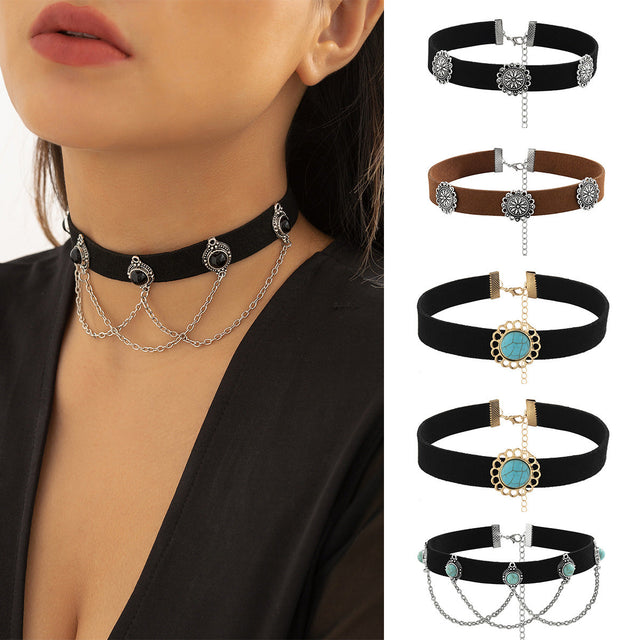 Bohemian Vintage Geometric Flower Disk Pendant Choker Necklace with Metal Fringe and Plated Alloy