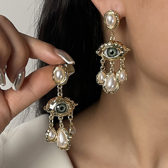 Minimalist Eye-Shaped Dangle Earrings with Simulated Pearl Drops and Alloy Base for Women
