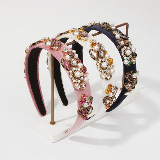 Baroque Geometric Hairband for Women with Alloy Frame, Velvet Band, Rhinestone and Pearl Accents, Luxury Palace-Style Headpiece