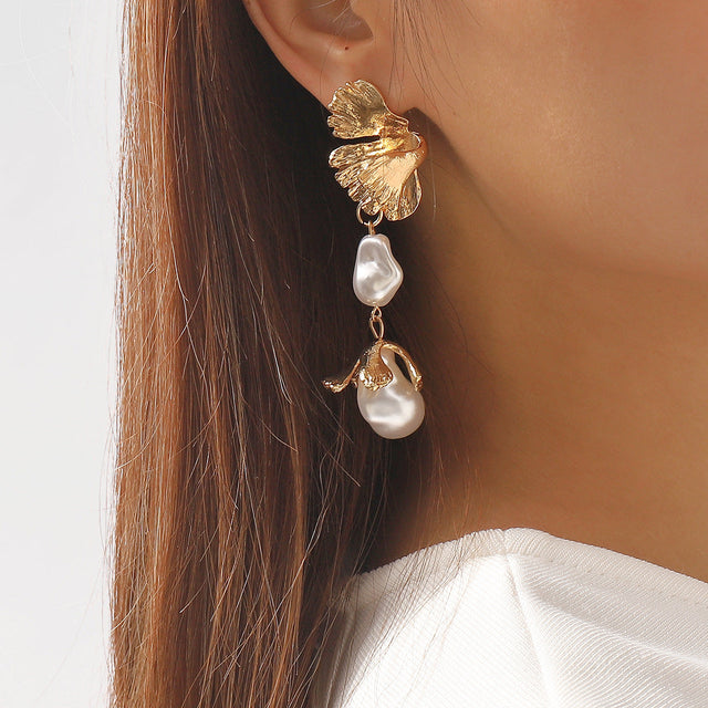 Baroque Irregular Pearl Earrings in Geometric Shape with Alloy Base and Rhinestone-Like Finish, Electroplated for Women