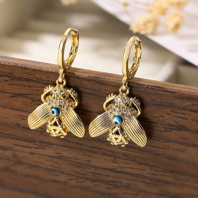 Minimalist Bee and Turtle Shape Copper Earrings with Gold Plating and Enamel Eye Detail for Women