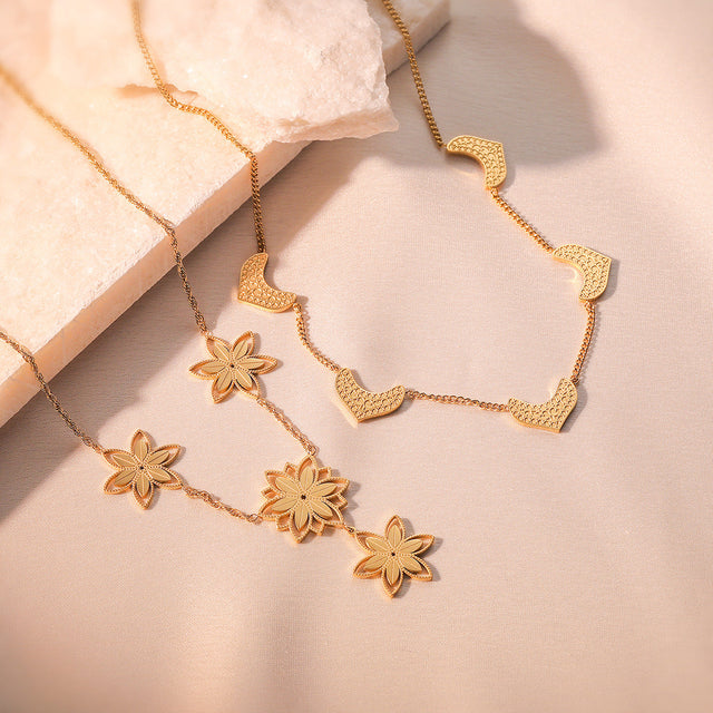 Minimalist Geometric Titanium Steel Necklace for Women with Gold Plating and Irregular Floral Design, Clavicle Chain