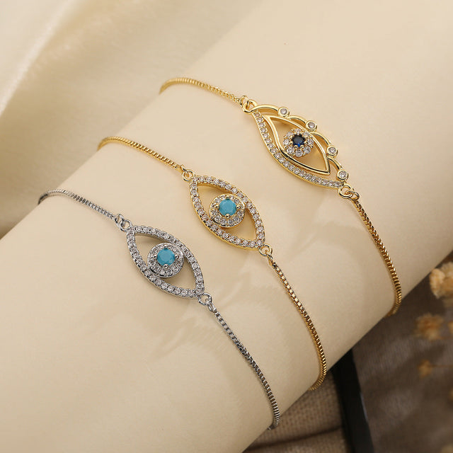 Minimalist Geometric Copper Plated Gold Zircon Evil Eye Bracelet for Women