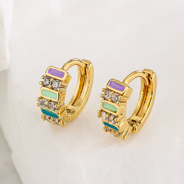Bohemian Style Geometric Shaped Enamel Zirconia Earrings for Women with Copper Base and Gold Plating
