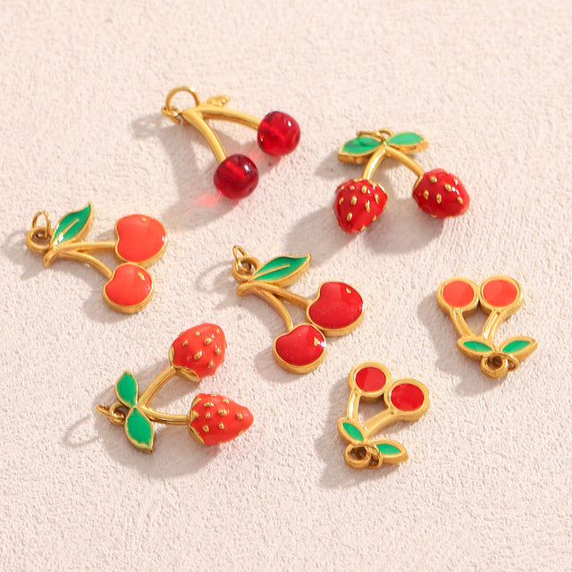 18K Gold Plated Drip Oil Stainless Steel Fruit Cherry Strawberry Charm Bar