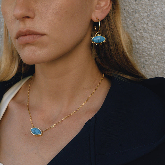 Demon Eye Pendant Necklace and Turquoise Earrings Set in Titanium Steel with Plated Finish for Women